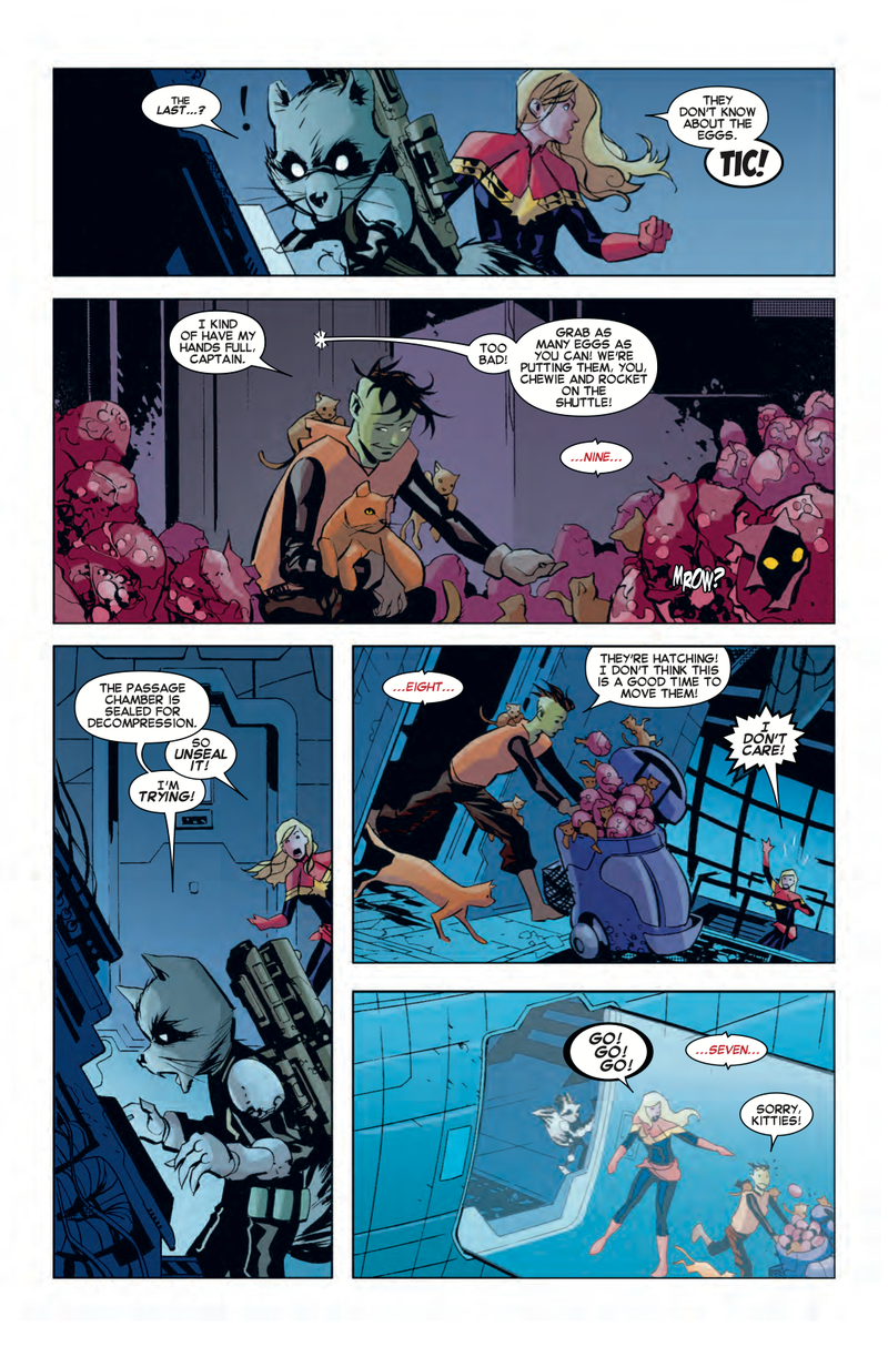 Illustration for article titled Exclusive Marvel preview: Rocket Raccoon visits Captain Marvel #8 to fight alien kittens